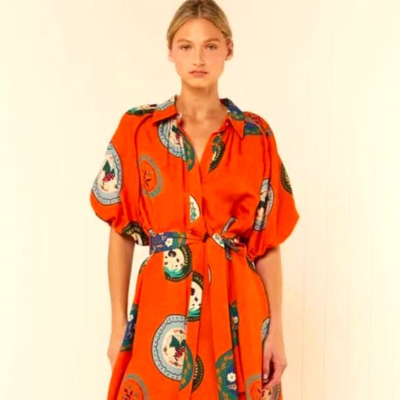 DEEP ORANGE RUST MAXI BUTTON DOWN HALF SLEEVE CIRCLES PRINT WAIST SASH DRESS - Picture 5 of 6